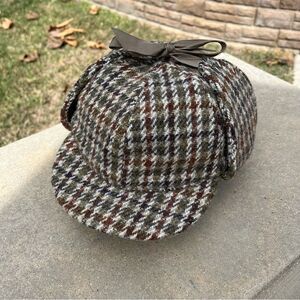 Vintage Dunn & Co Sherlock Holmes Harris Tweed Wool Deerstalker Hat Size 55 6.75